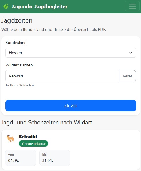 Jagdzeiten Übersicht nach Bundesland und Wildart