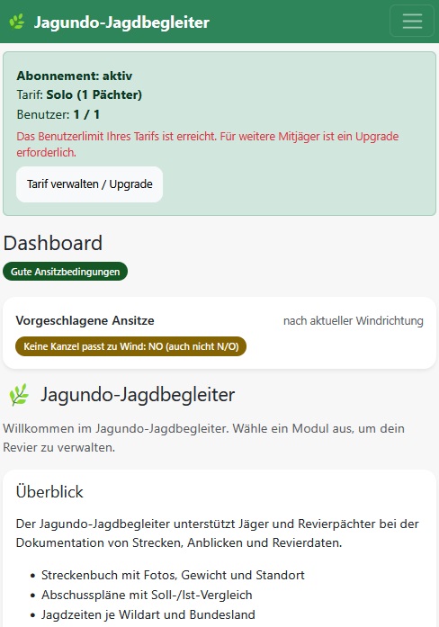 Hauptmenü im Jagdbegleiter