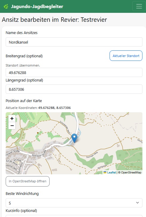 Ansitz anlegen mit GPS, Foto und Windrichtung