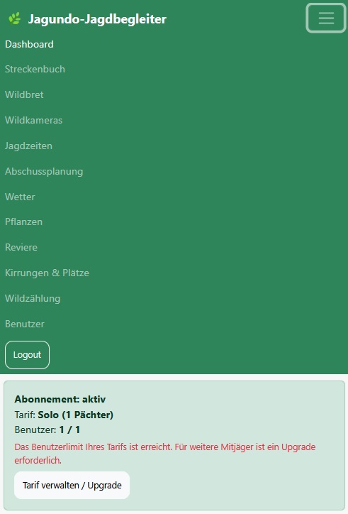 Dashboard im Jagdbegleiter